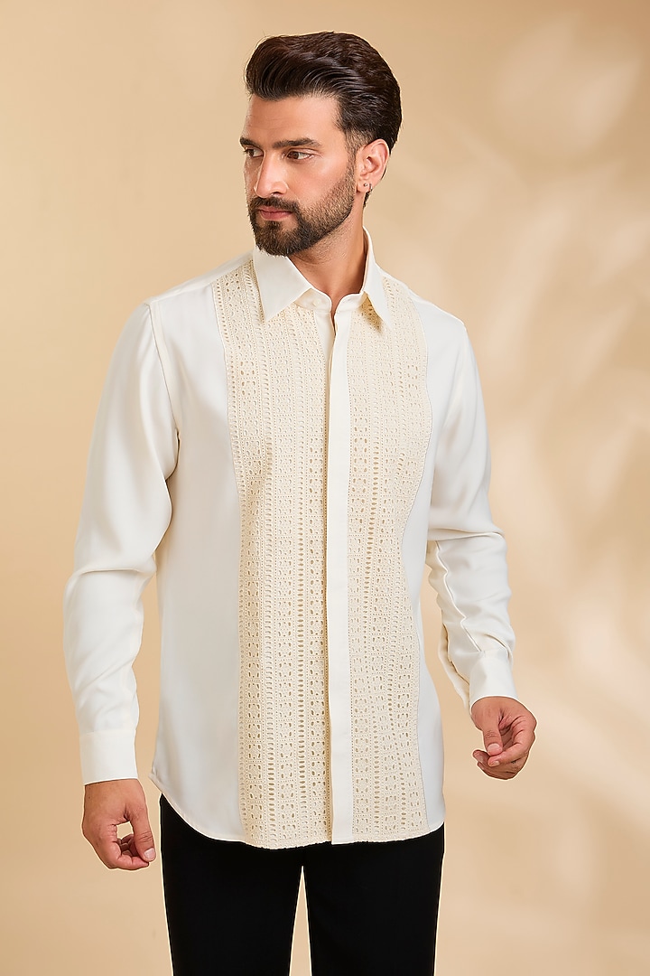 Off-White Polyester Party Wear Shirt by Rohit Doshi at Pernia's Pop Up Shop