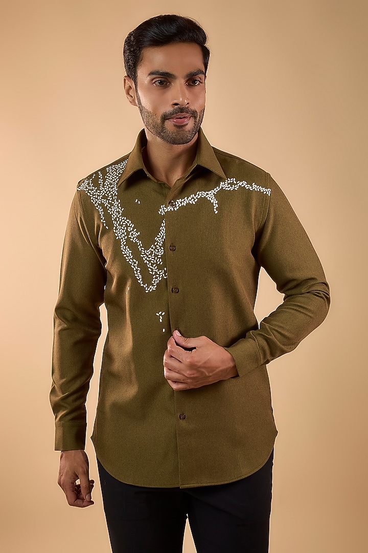 Olive Imported Twill Party Wear Shirt by Rohit Doshi at Pernia's Pop Up Shop