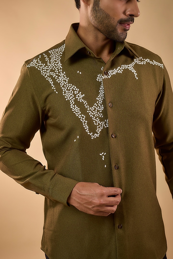 Olive Imported Twill Party Wear Shirt by Rohit Doshi at Pernia's Pop Up Shop