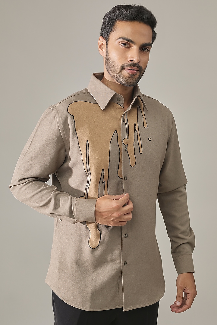 Greyish Beige Cotton Blend Party Wear Shirt by Rohit Doshi at Pernia's Pop Up Shop