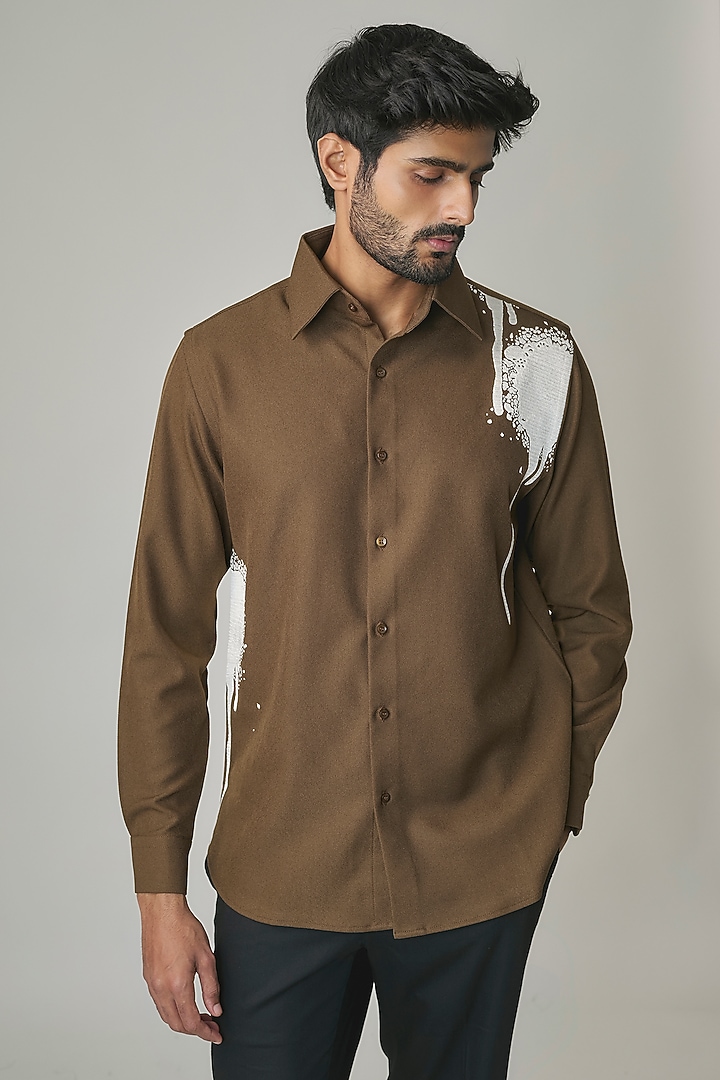 Brown Poly Blend Party Wear Shirt by Rohit Doshi at Pernia's Pop Up Shop