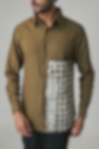 Olive Poly Blend Party Wear Shirt by Rohit Doshi at Pernia's Pop Up Shop