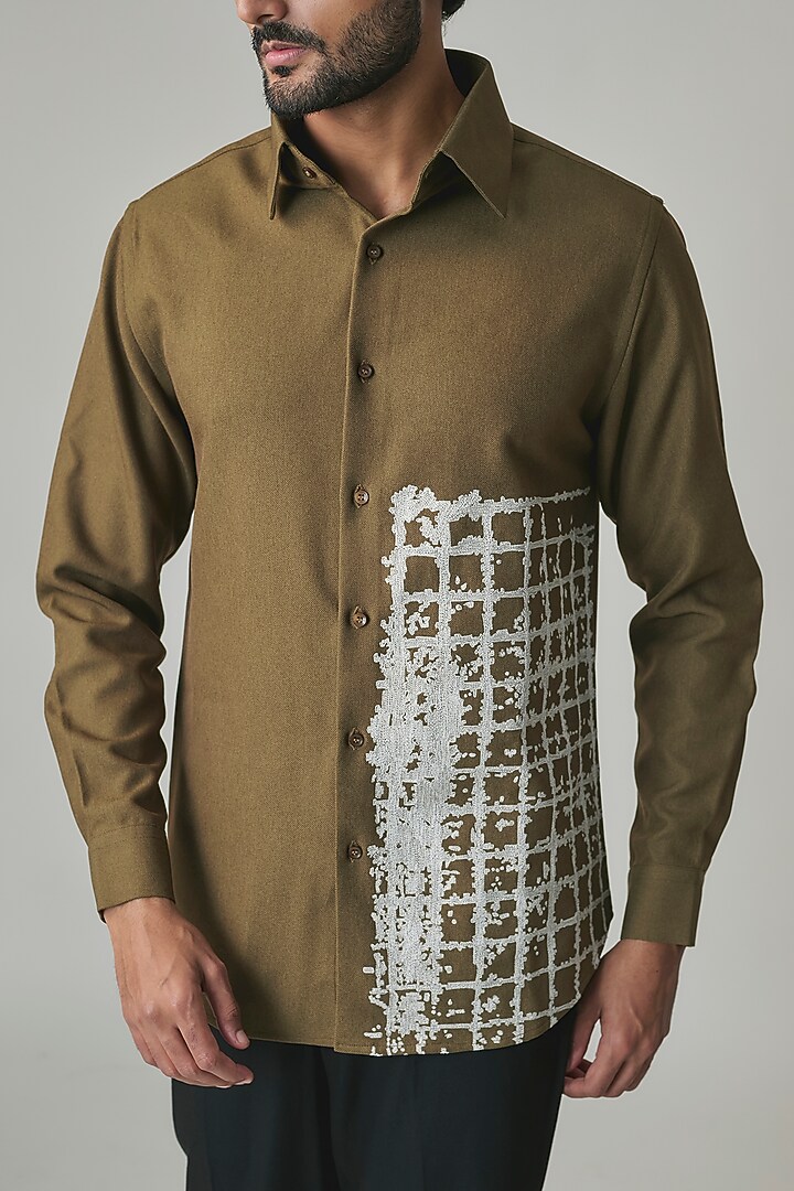 Olive Poly Blend Party Wear Shirt by Rohit Doshi at Pernia's Pop Up Shop