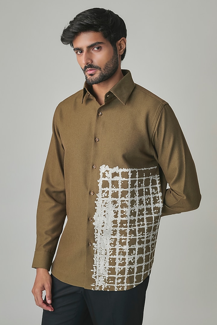 Olive Poly Blend Party Wear Shirt by Rohit Doshi at Pernia's Pop Up Shop