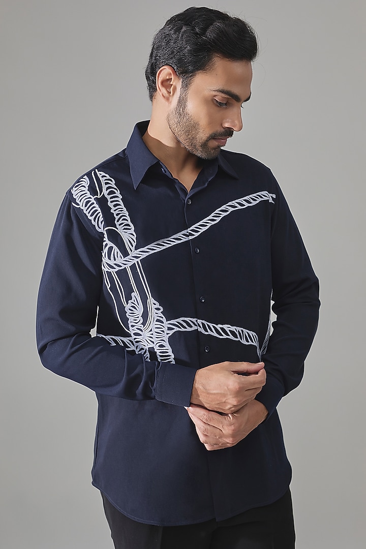 Dark Blue Premium Blend Party Wear Shirt by Rohit Doshi at Pernia's Pop Up Shop