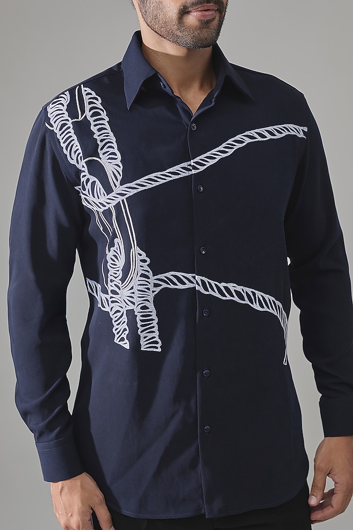 Dark Blue Premium Blend Party Wear Shirt by Rohit Doshi at Pernia's Pop Up Shop