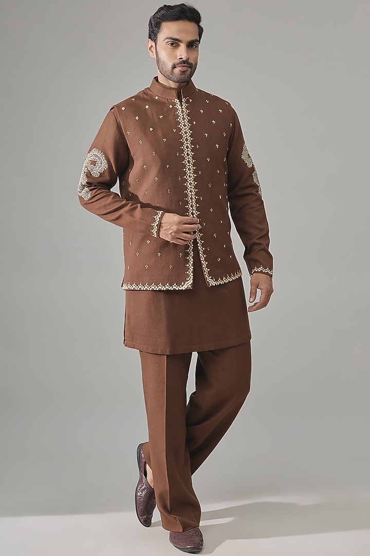 Brown Cotton Bundi Jacket Set by Rohit Doshi at Pernia's Pop Up Shop
