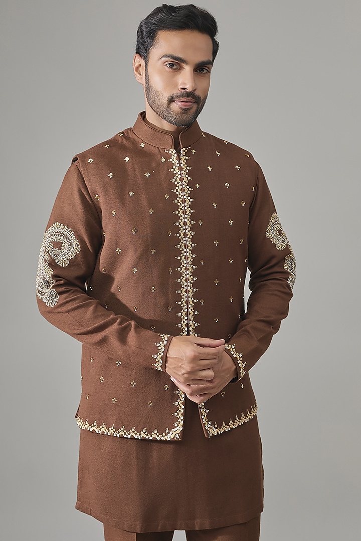 Brown Cotton Bundi Jacket Set by Rohit Doshi at Pernia's Pop Up Shop