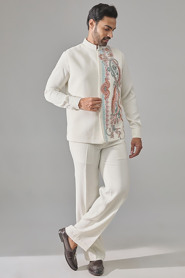 White Premium Blend Bundi Jacket Set by Rohit Doshi at Pernia's Pop Up Shop