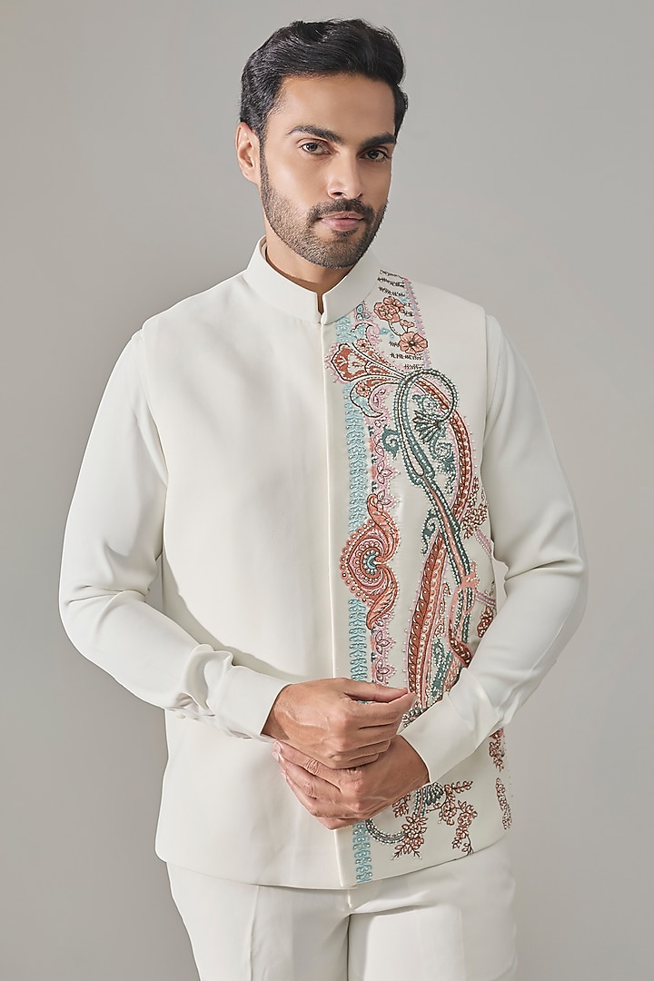 White Premium Blend Bundi Jacket Set by Rohit Doshi at Pernia's Pop Up Shop