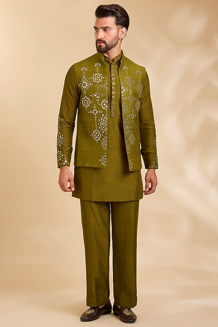 Mustard Yellow Silk Bundi Jacket Set by Rohit Doshi at Pernia's Pop Up Shop