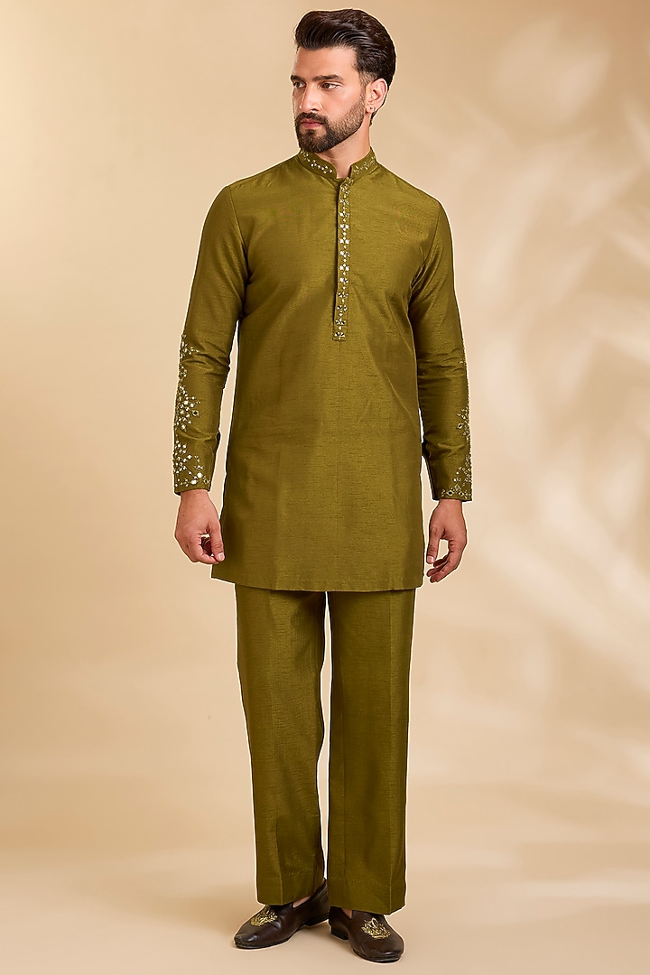 Mustard Yellow Silk Bundi Jacket Set by Rohit Doshi at Pernia's Pop Up Shop
