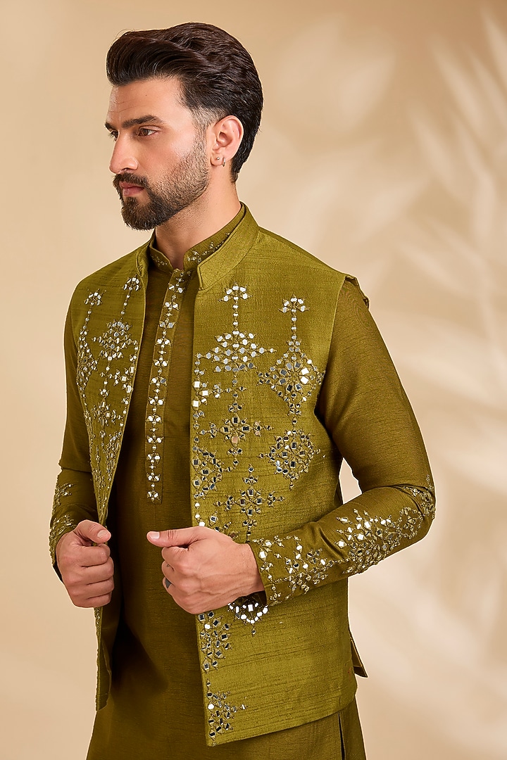 Mustard Yellow Silk Bundi Jacket Set by Rohit Doshi at Pernia's Pop Up Shop