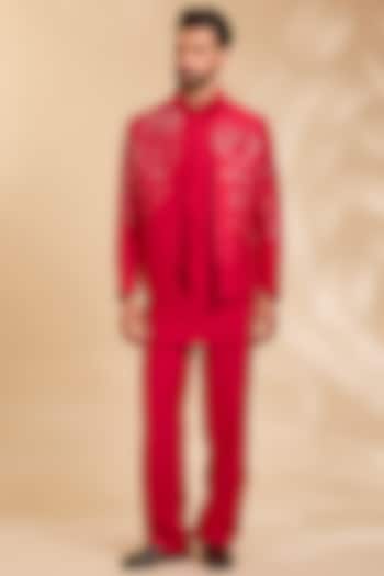 Red Silk Bundi Jacket Set by Rohit Doshi at Pernia's Pop Up Shop