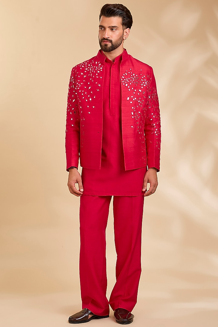 Red Silk Bundi Jacket Set by Rohit Doshi at Pernia's Pop Up Shop