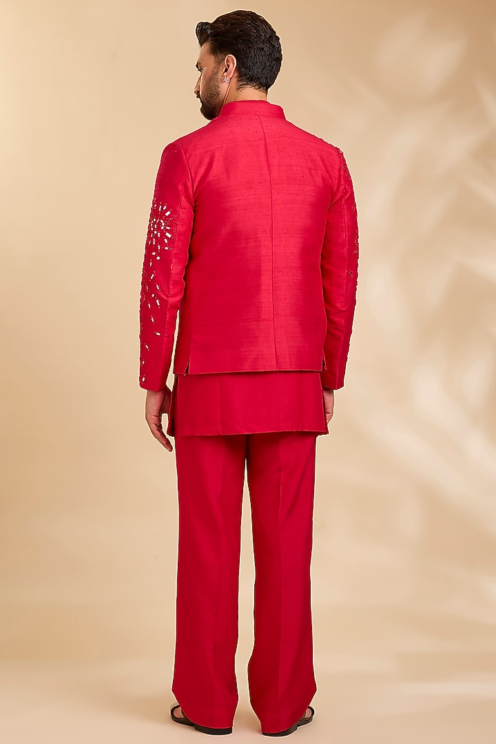 Red Silk Bundi Jacket Set by Rohit Doshi at Pernia's Pop Up Shop