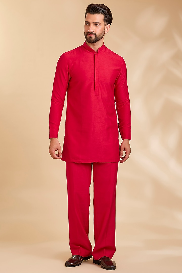 Red Silk Bundi Jacket Set by Rohit Doshi at Pernia's Pop Up Shop