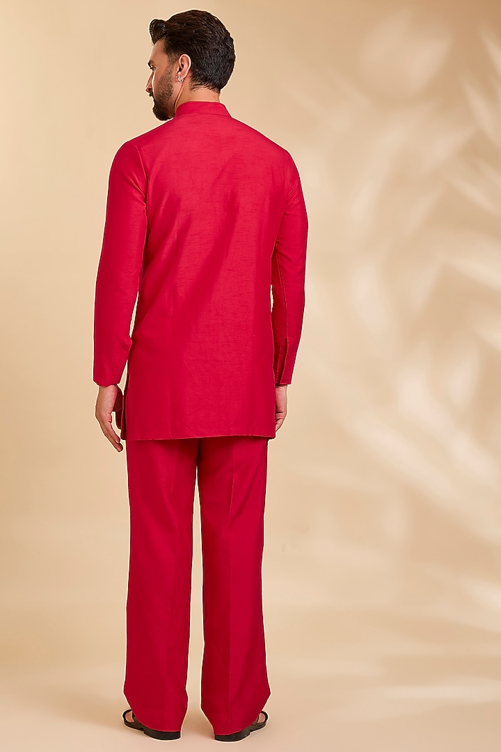Red Silk Bundi Jacket Set by Rohit Doshi at Pernia's Pop Up Shop