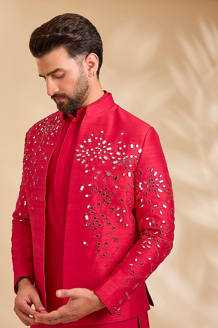 Red Silk Bundi Jacket Set by Rohit Doshi at Pernia's Pop Up Shop