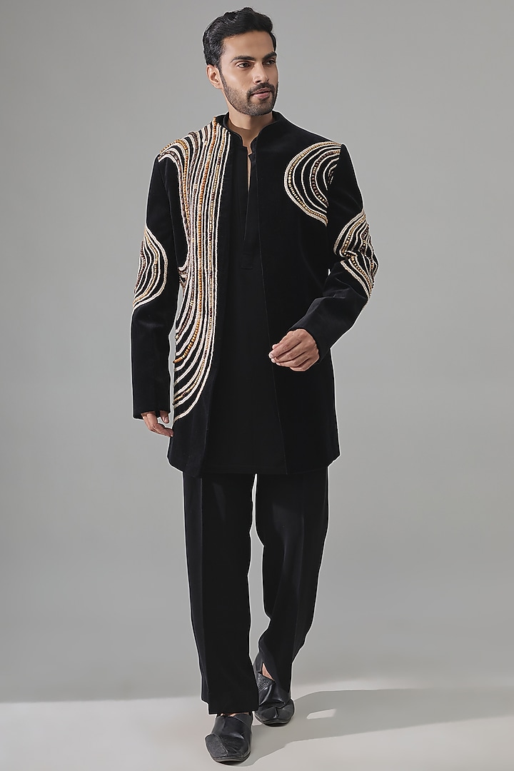 Black Velvet Wedding Indowestern Set by Rohit Doshi at Pernia's Pop Up Shop