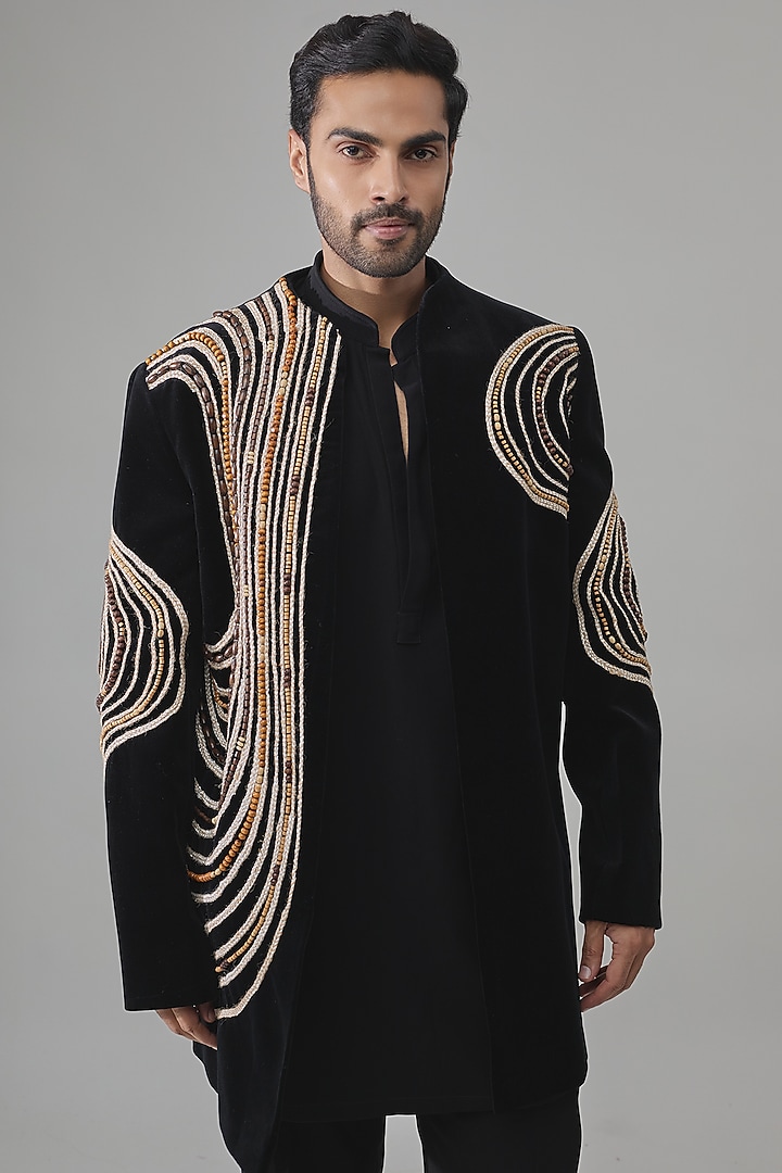 Black Velvet Wedding Indowestern Set by Rohit Doshi at Pernia's Pop Up Shop