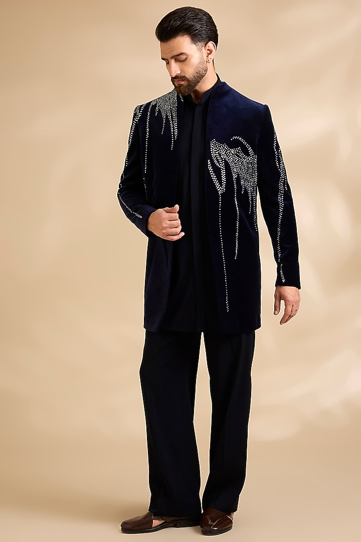 Blue Velvet Embroidered Wedding Indowestern Set by Rohit Doshi at Pernia's Pop Up Shop