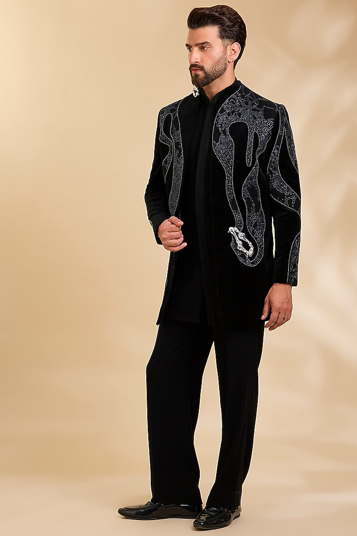 Black Velvet Wedding Indowestern Set by Rohit Doshi at Pernia's Pop Up Shop