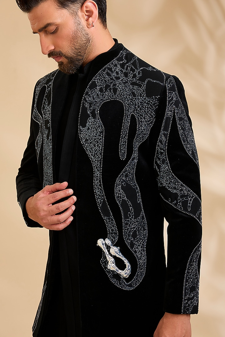 Black Velvet Wedding Indowestern Set by Rohit Doshi at Pernia's Pop Up Shop