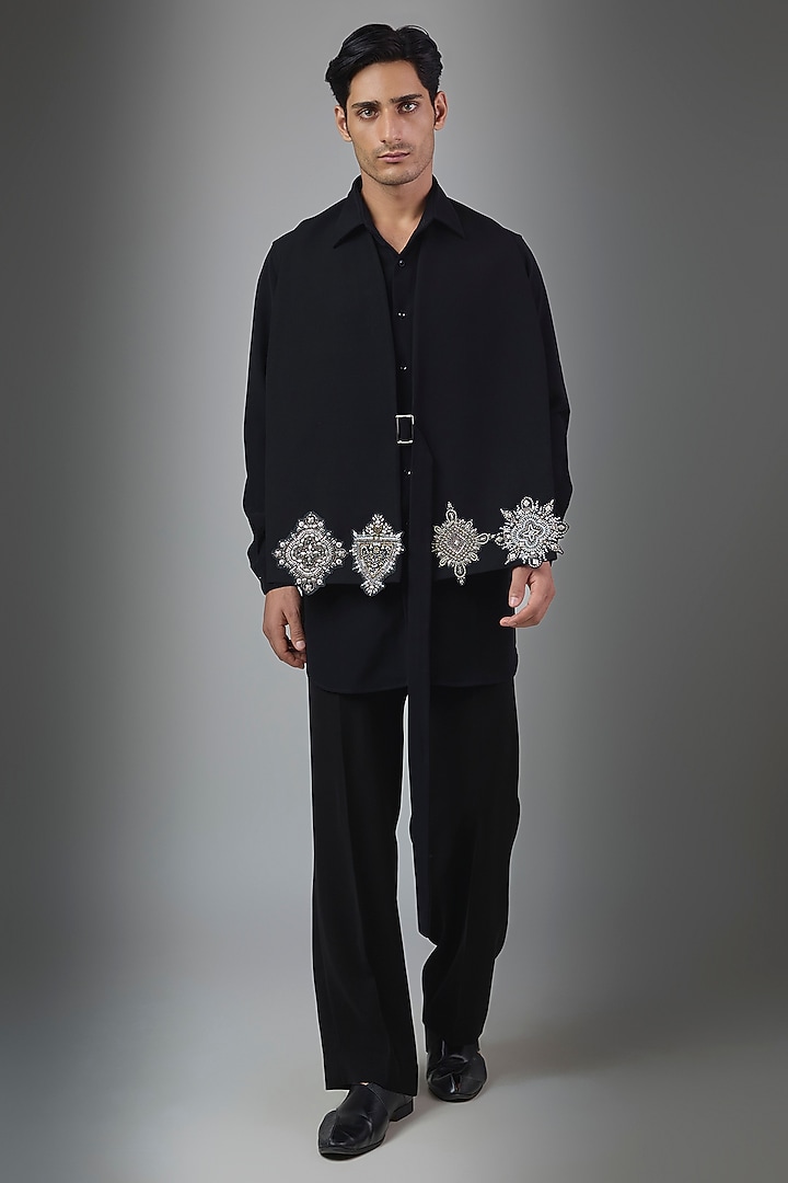 Black Premium Polyester Wedding Indowestern Set by Rohit Doshi at Pernia's Pop Up Shop