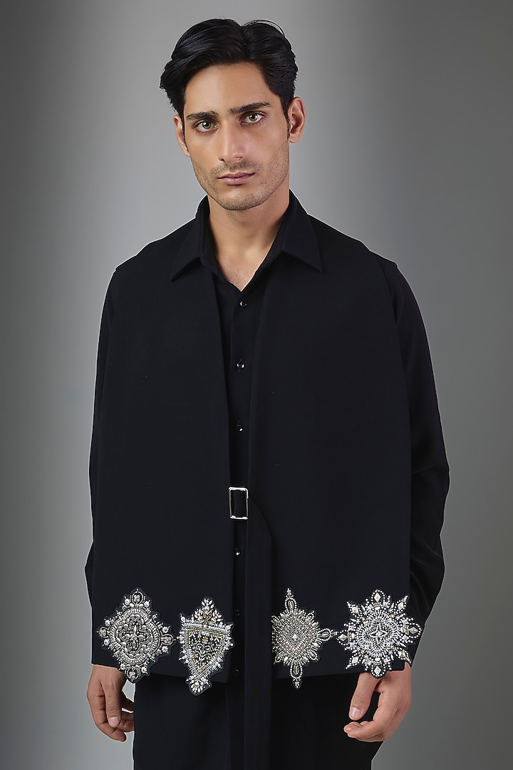 Black Premium Polyester Wedding Indowestern Set by Rohit Doshi at Pernia's Pop Up Shop