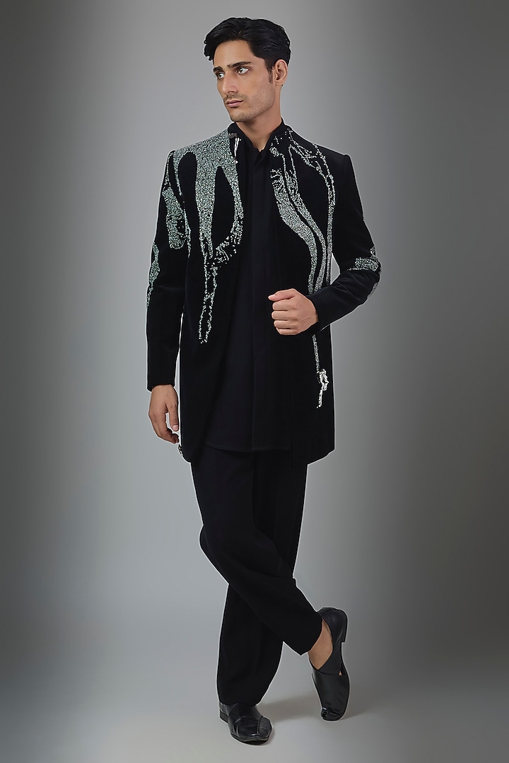 Black Velvet Wedding Indowestern Set by Rohit Doshi at Pernia's Pop Up Shop