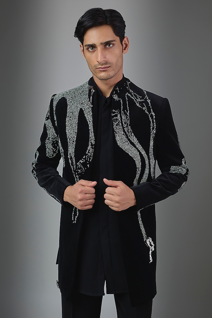 Black Velvet Wedding Indowestern Set by Rohit Doshi at Pernia's Pop Up Shop