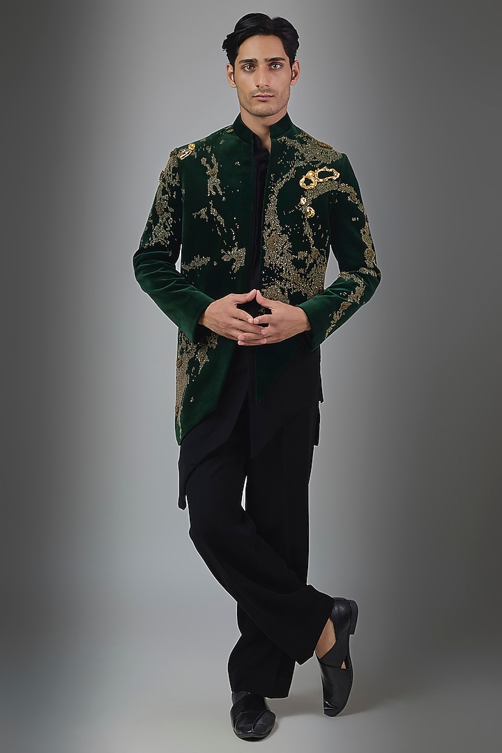 Green Velvet Wedding Indowestern Set by Rohit Doshi at Pernia's Pop Up Shop