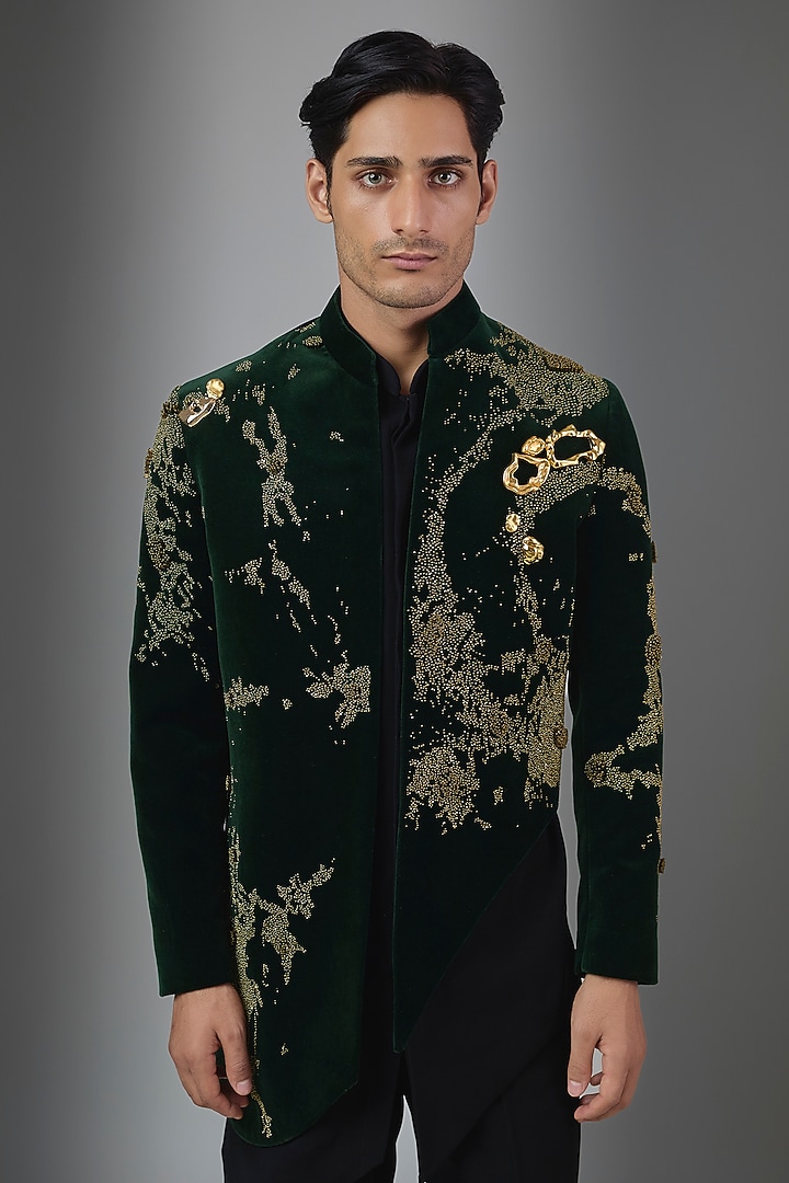 Green Velvet Wedding Indowestern Set by Rohit Doshi at Pernia's Pop Up Shop