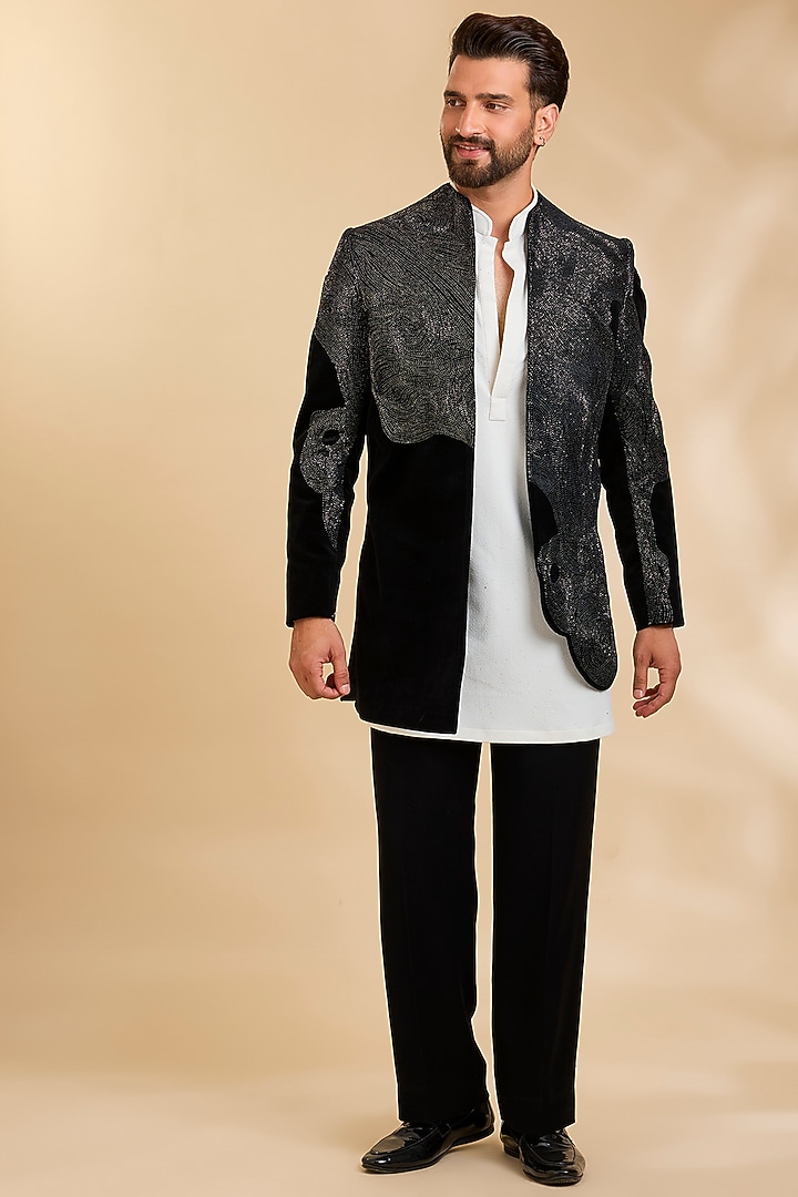 Black Velvet Groom Indowestern Set by Rohit Doshi at Pernia's Pop Up Shop