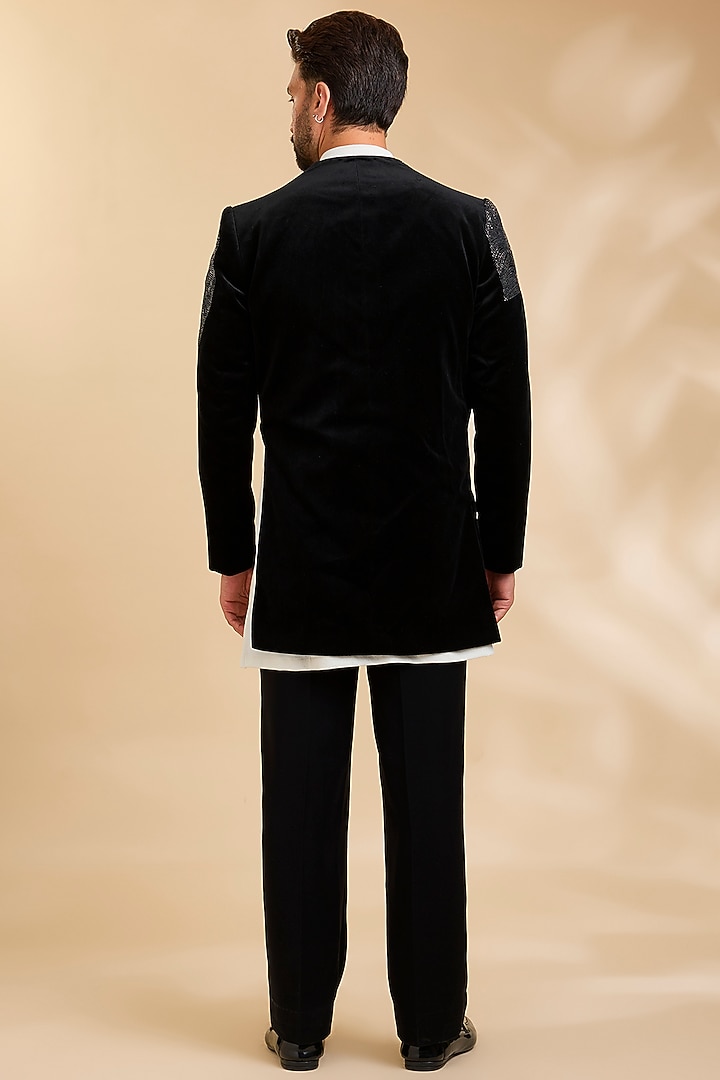 Black Velvet Groom Indowestern Set by Rohit Doshi at Pernia's Pop Up Shop