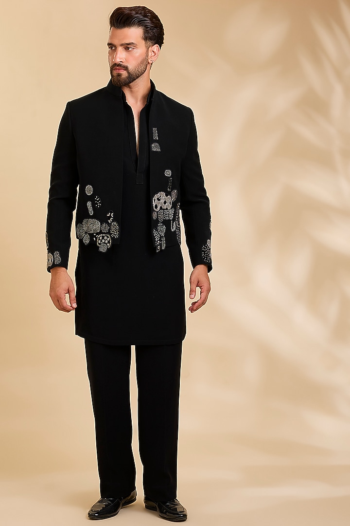 Black Polyester Wedding Indowestern Set by Rohit Doshi at Pernia's Pop Up Shop