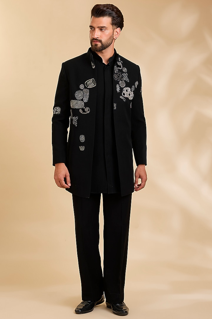Black Polyester Wedding Indowestern Set by Rohit Doshi at Pernia's Pop Up Shop
