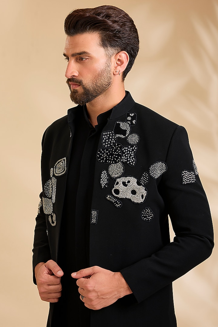 Black Polyester Wedding Indowestern Set by Rohit Doshi at Pernia's Pop Up Shop