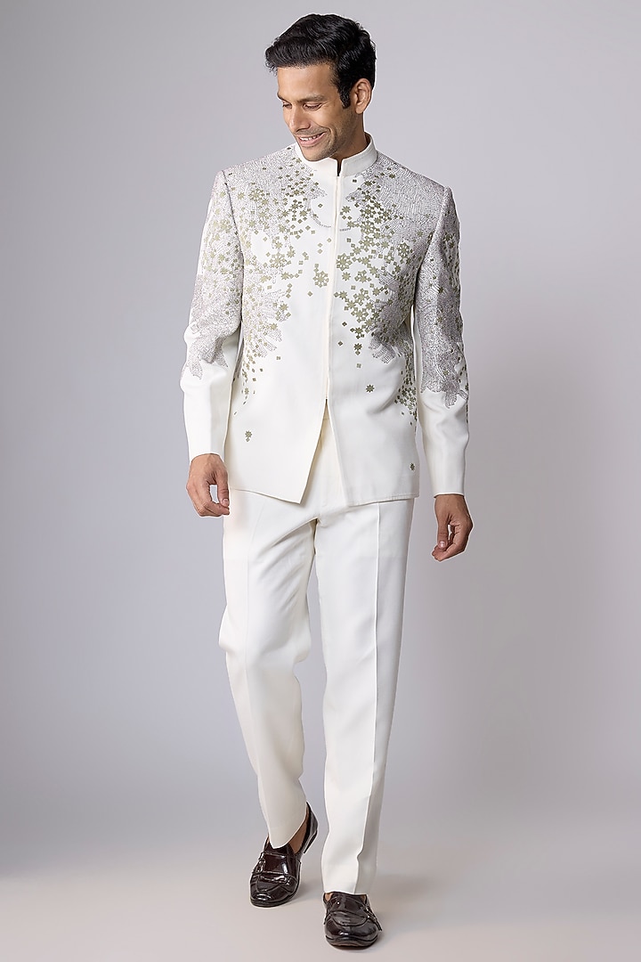 Off-White Silk Wedding Bandhgala Set by Rohit Doshi at Pernia's Pop Up Shop