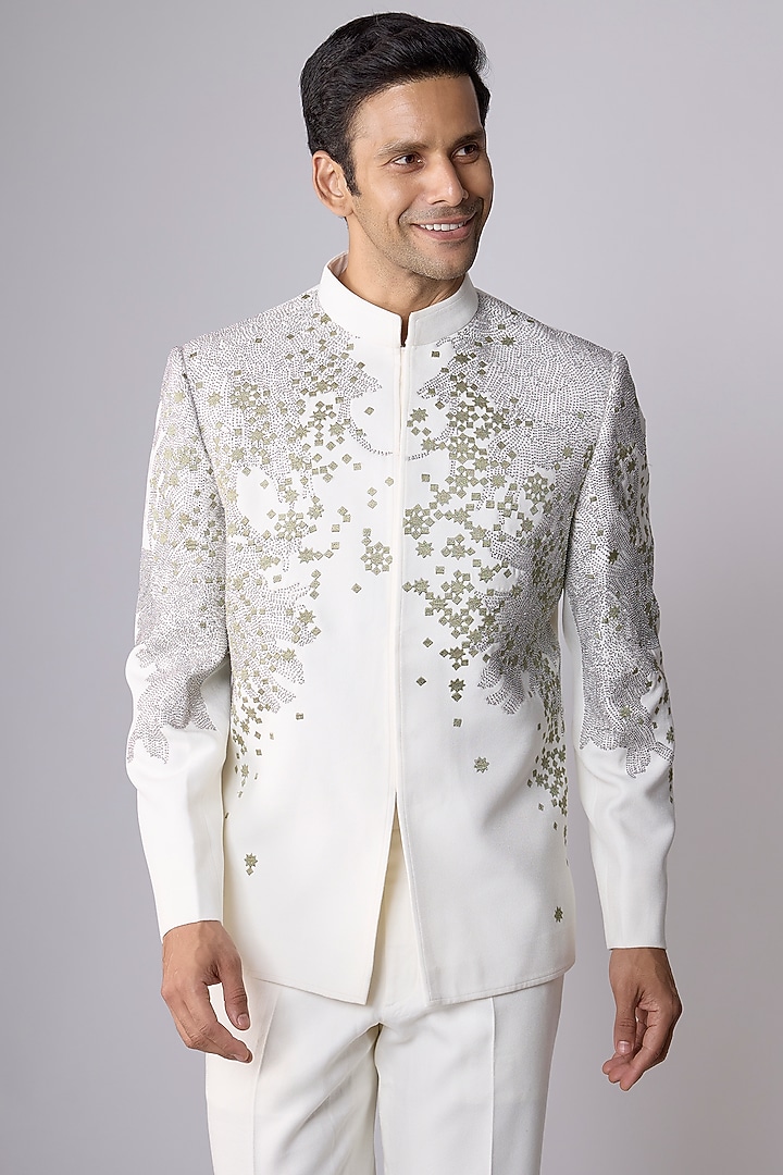 Off-White Silk Wedding Bandhgala Set by Rohit Doshi at Pernia's Pop Up Shop
