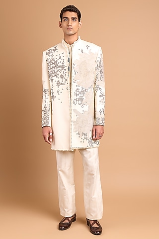 Off-White Cotton Crepe Rayon Handwork Indowestern Set by Rohit Doshi