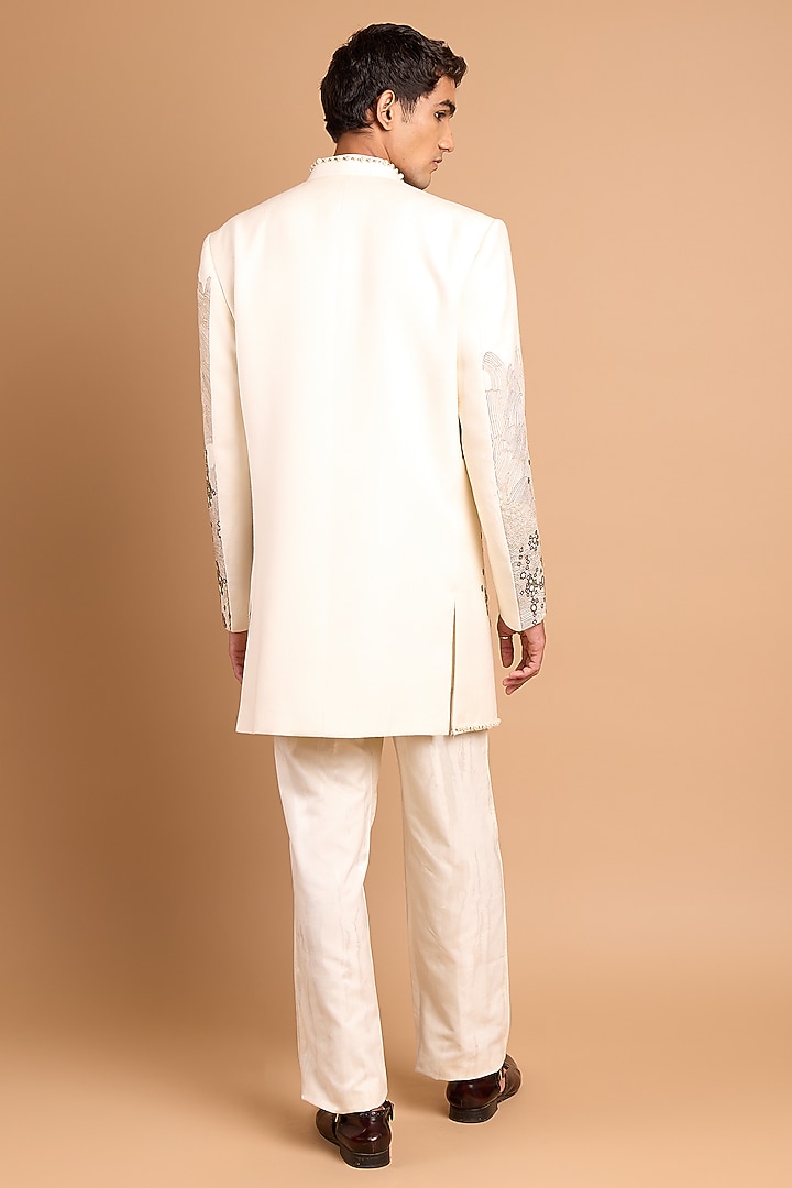 Off-White Cotton Crepe Rayon Handwork Wedding Indowestern Set by Rohit Doshi at Pernia's Pop Up Shop