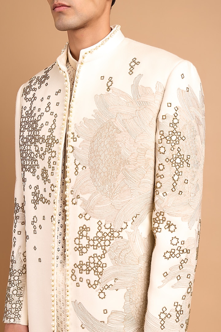 Off-White Cotton Crepe Rayon Handwork Wedding Indowestern Set by Rohit Doshi at Pernia's Pop Up Shop