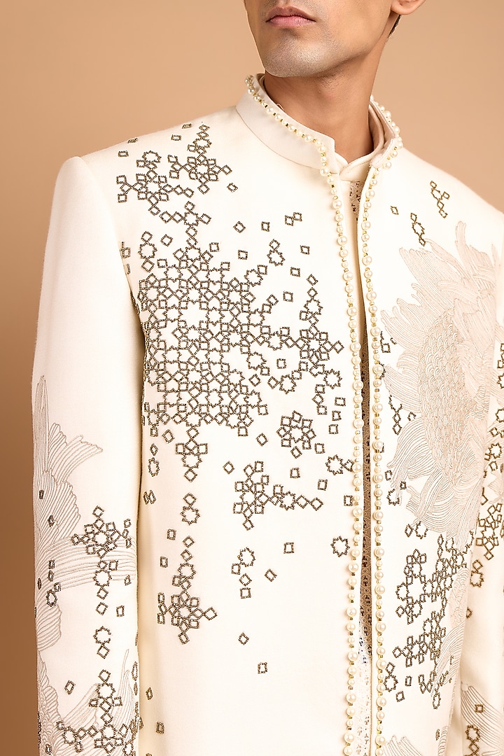 Off-White Cotton Crepe Rayon Handwork Wedding Indowestern Set by Rohit Doshi at Pernia's Pop Up Shop