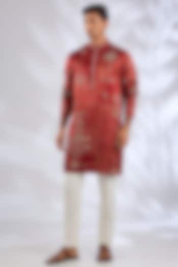 Red Cotton Rayon Embroidered Kurta by Rohit Doshi at Pernia's Pop Up Shop
