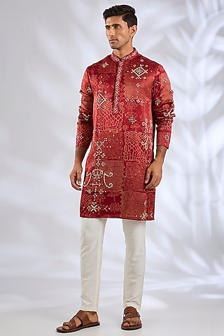 Red Cotton Rayon Embroidered Kurta by Rohit Doshi