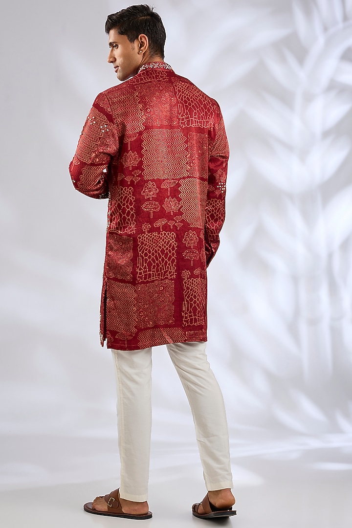 Red Cotton Rayon Embroidered Kurta by Rohit Doshi at Pernia's Pop Up Shop