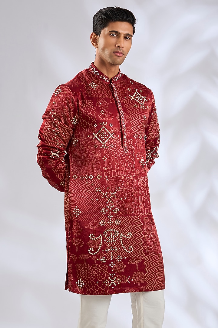 Red Cotton Rayon Embroidered Kurta by Rohit Doshi at Pernia's Pop Up Shop