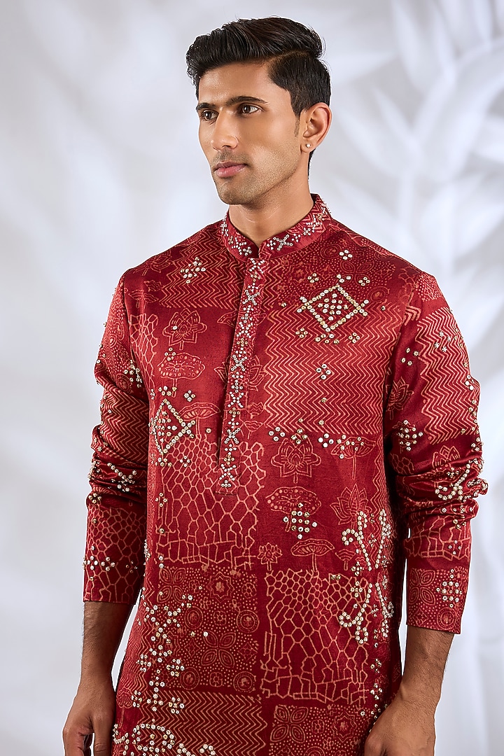 Red Cotton Rayon Embroidered Kurta by Rohit Doshi at Pernia's Pop Up Shop